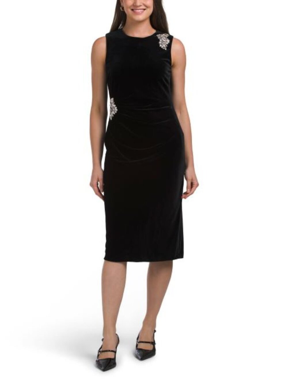 ANNE KLEIN Jewel Detail Ruched Stretch Velvet Midi Dress